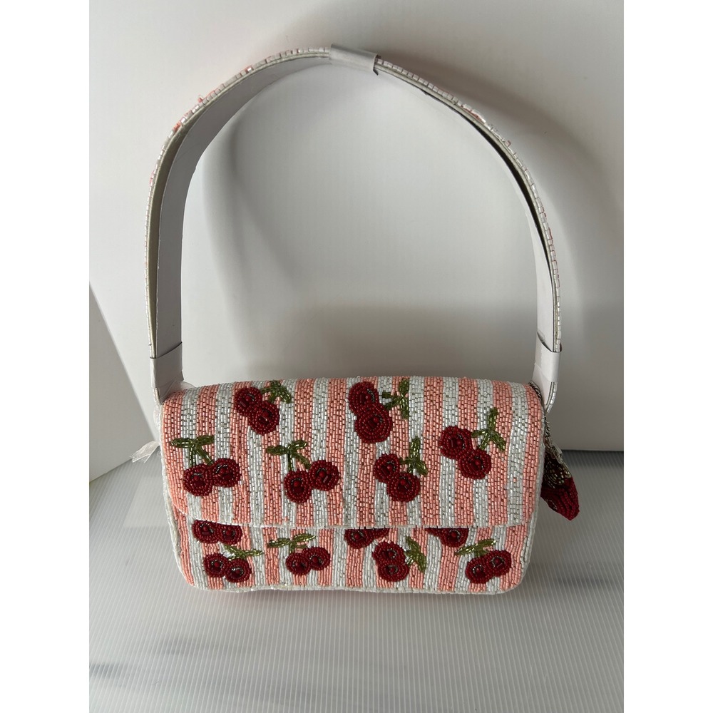Handcrafted Beaded Cherry Stripe Shoulder Bag Pink White Red Fruit Charm India